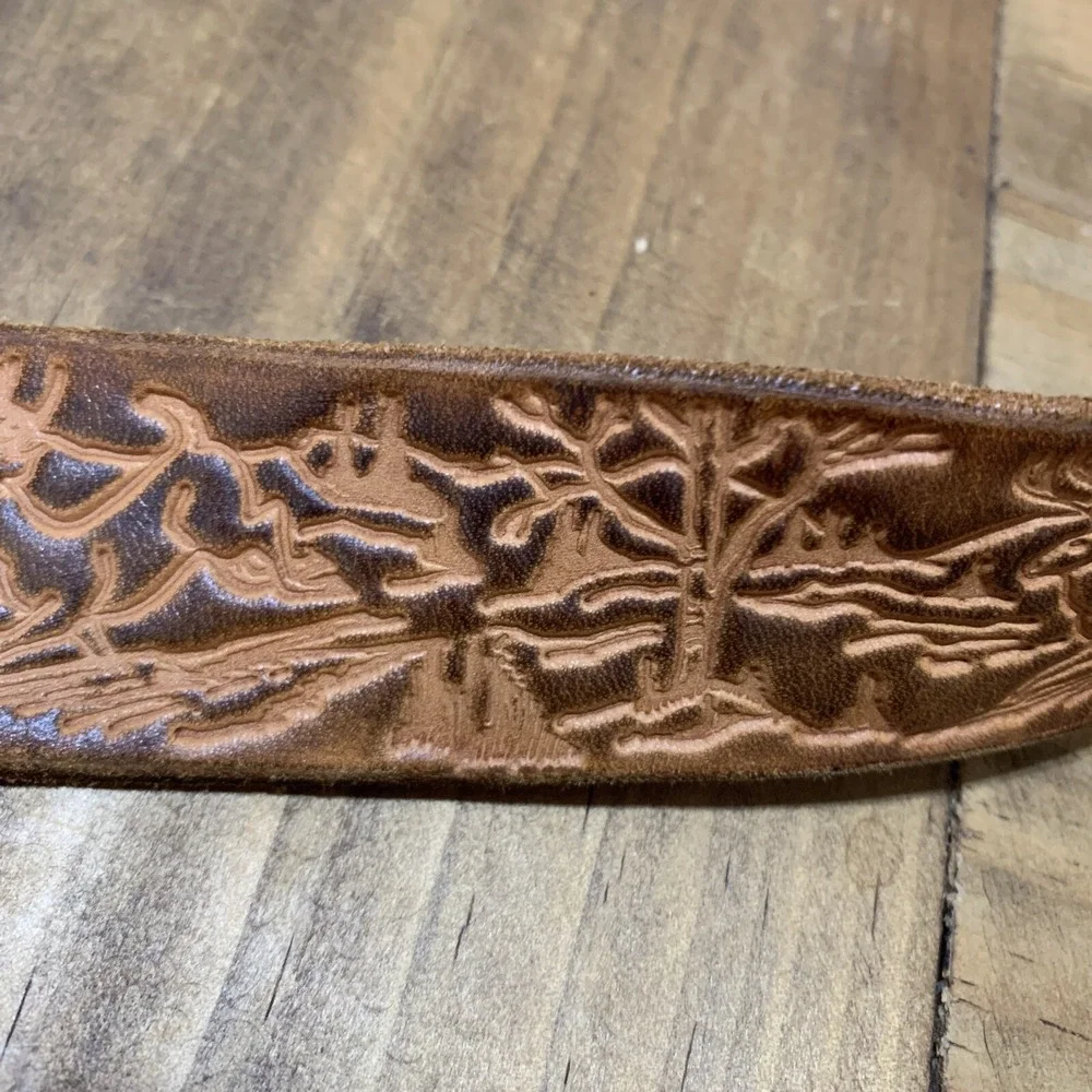 Western Hand Tooled Leather Belt Deer Antler Mountain Theme Buckle 41-48